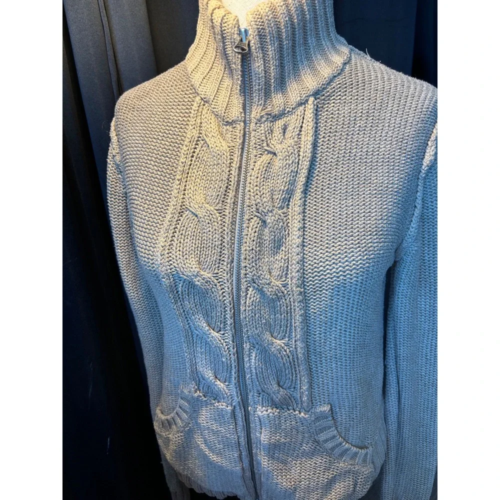 Old Navy Tan‎ Beige Cable Knit Full Zip Mock Neck Chunky Sweater  Womens M